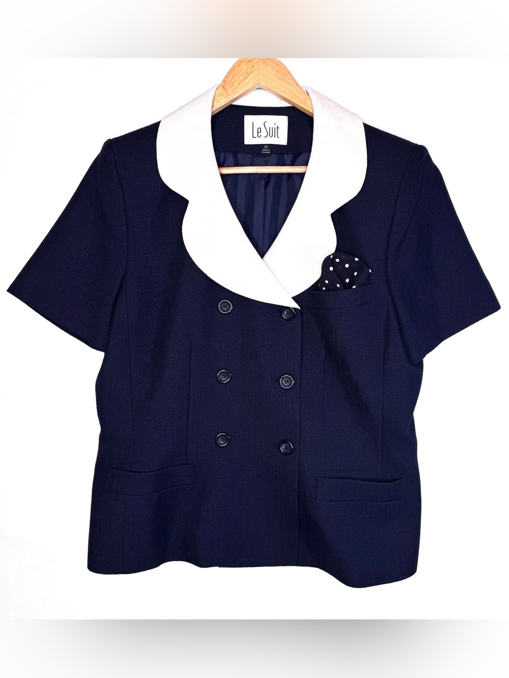 Le Suit VTG navy blue double-breasted blazer jacket size 16 scalloped edge